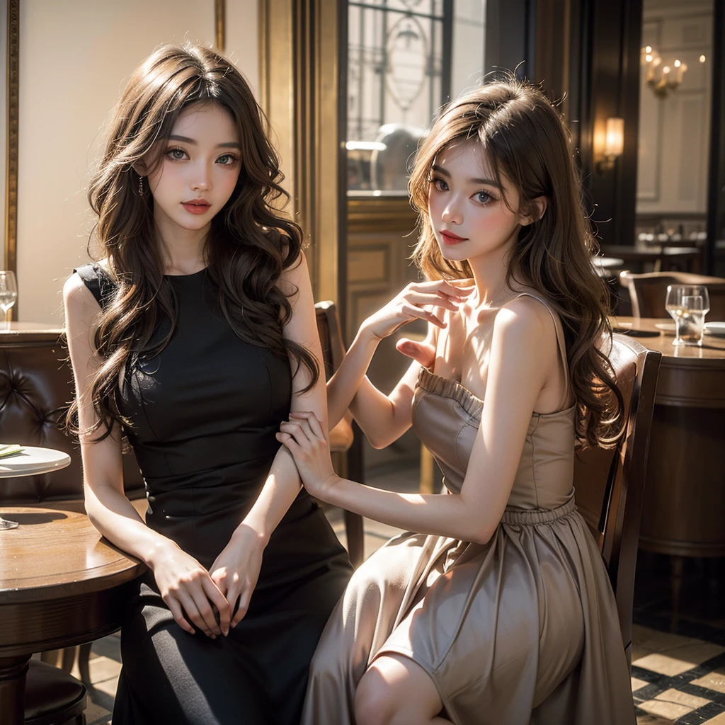 Olive beige hair, Ice Grey Eyes, Fine French Restaurant、Vibrant colors, dress、Paint Splash, Luxury Background、Ray Tracing, Curly Hair, One person, Long Hair, 