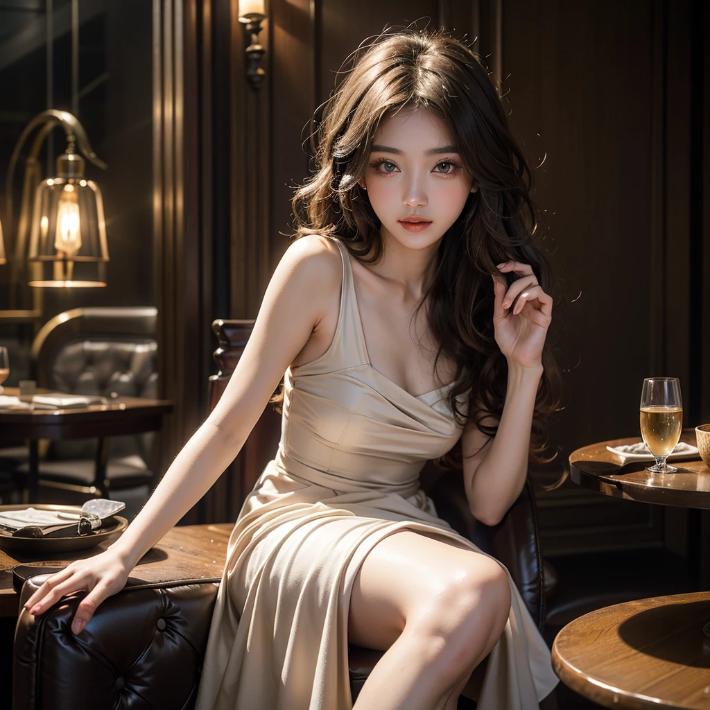 Olive beige hair, Ice Grey Eyes, Fine French Restaurant、Vibrant colors, dress、Paint Splash, Luxury Background、Ray Tracing, Curly Hair, One person, Long Hair, 