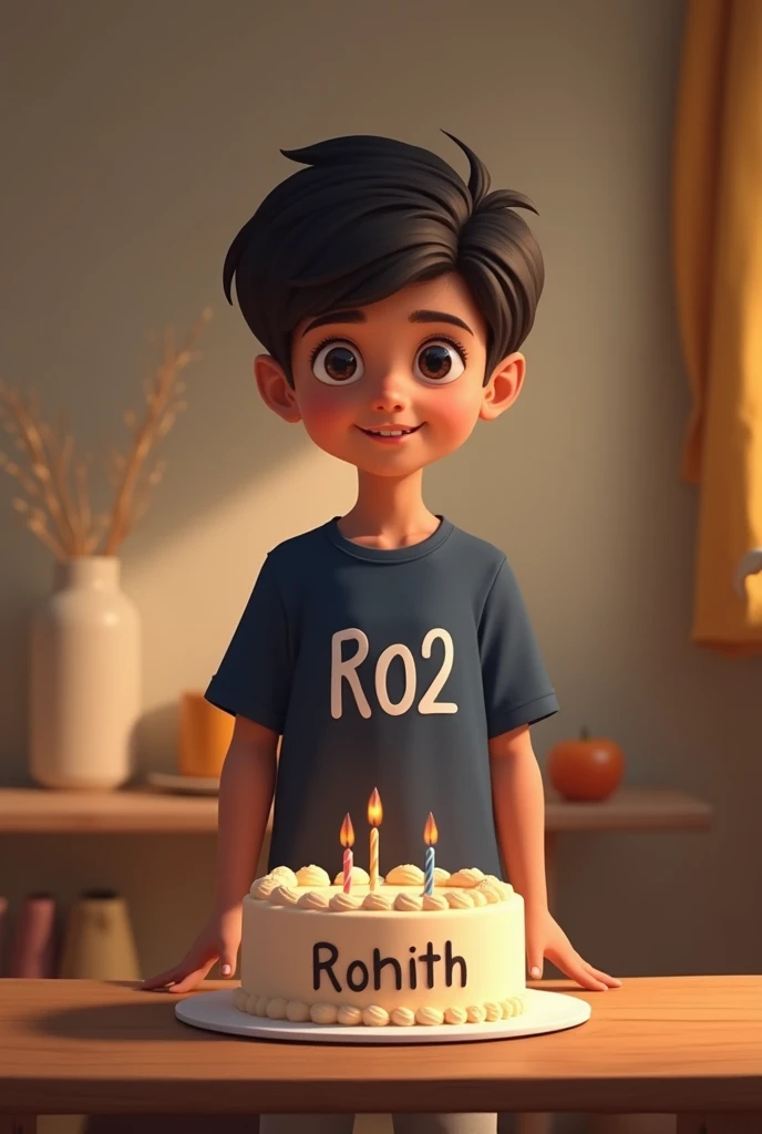 A fair indian boy stand back a table, which has birthday cake named "Rohith". The boy were a navy blue t shirt and butter colour jeans. T shirt named "Ro²".