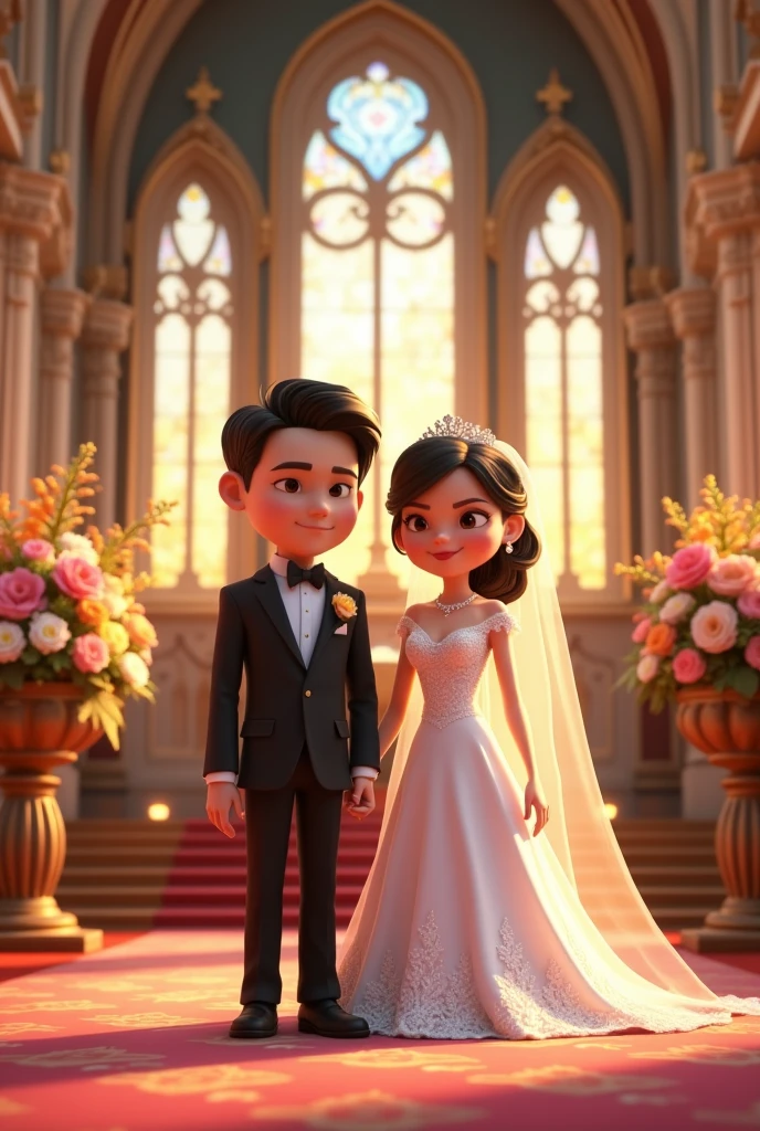 In cinematic 3d cartoon style'8. **Wedding Ceremony:** The couple standing together at the altar, dressed in traditional wedding attire, with a backdrop of floral decorations.