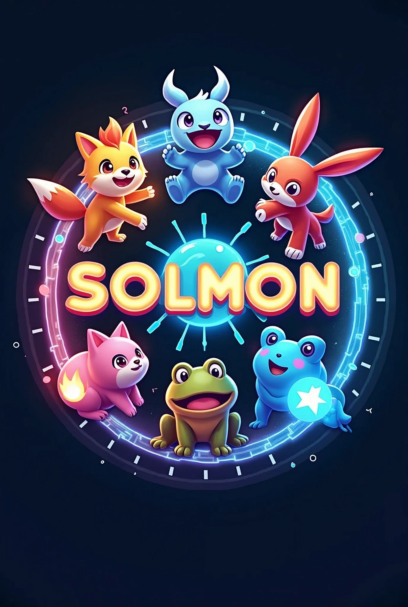 Design a circular logo for 'SOLMON - Solana Monsters' that encapsulates a playful yet powerful aesthetic, similar to the Pokémon style, with a focus on elemental-themed animals. The logo should prominently feature five stylized pets: a cat, dog, bull, frog, and rabbit. Each pet should embody a distinct elemental theme (e.g., fire, water, earth, air, electricity), and their design should reflect this through vibrant colors and dynamic poses.

The pets should be positioned around a central emblem that represents the 'Solana' theme, perhaps using a glowing orb or digital symbol. The pets can either encircle the emblem or be integrated into the design in a way that feels cohesive and balanced.

The circular border of the logo should have subtle textures or gradients reminiscent of digital or cosmic elements, enhancing the futuristic and magical vibe. The text 'SOLMON' should be prominently displayed within the circular design, using bold, rounded typography that is both friendly and adventurous.

Around the text and emblem, incorporate small details like digital sparks, stars, or waves to give the logo an otherworldly, magical vibe. Ensure the overall design is clean, balanced, and visually striking, making it easily recognizable and suitable for branding purposes."

This prompt will guide the creation of a circular logo that features the specific pets and integrates the elemental themes, while maintaining a modern and appealing style similar to Pokémon.