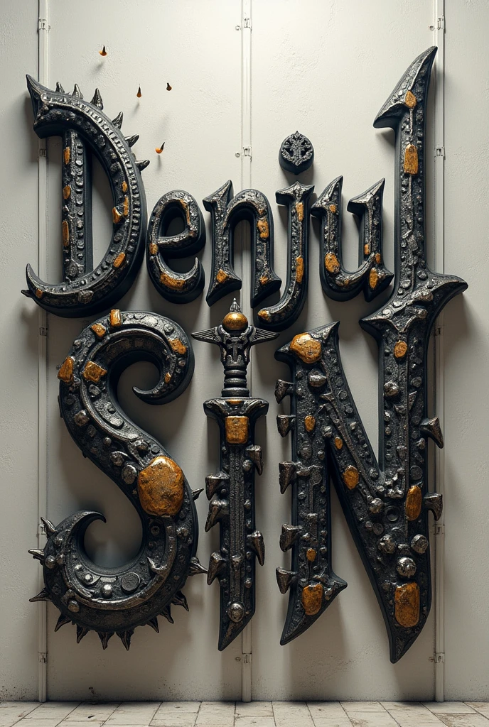 There is a white fantasy title "Denjul Sin" written on the wall that is made of weapons, swords, bombs, and guns. A realistic, 3D, aesthetic, and fantasy poster.
