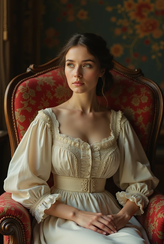 Vintage portrait of a charming elegant woman, 1913, Russia, Russian aristocrat, in a luxurious wooden leather chair, with intricate patterns, low color saturation