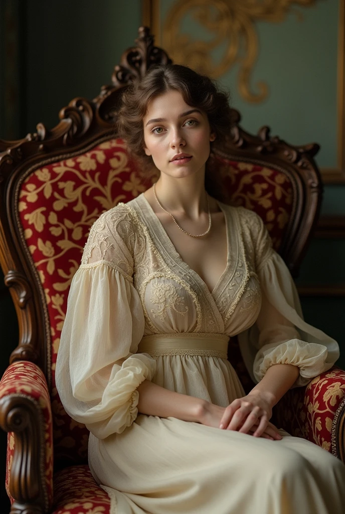 Vintage portrait of a charming elegant woman, 1913, Russia, Russian aristocrat, in a luxurious wooden leather chair, with intricate patterns, low color saturation