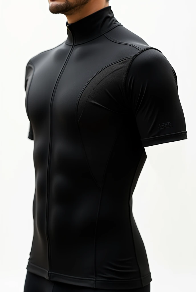 Create a plain black sports shirt that is tailored to the body but with a striking and simple design 