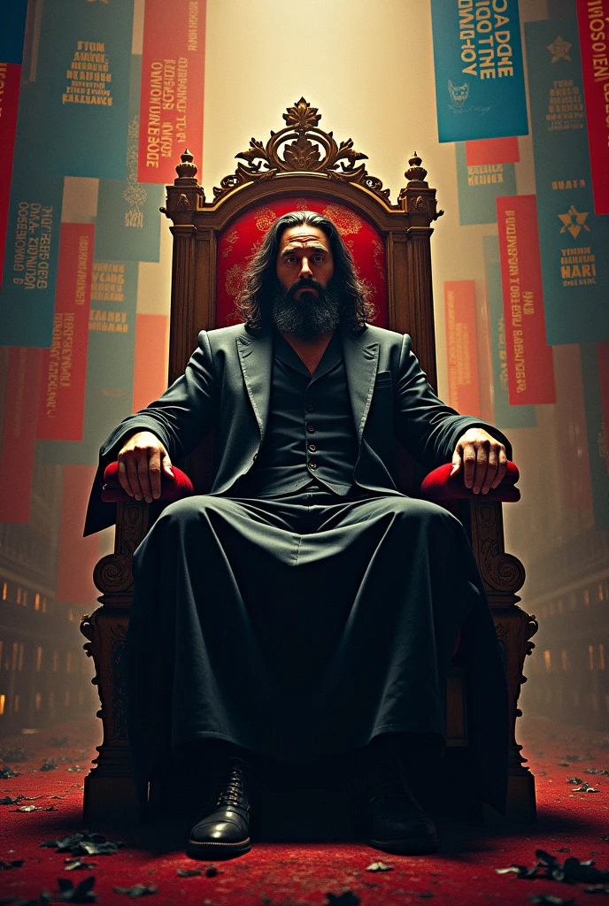 Backround full of cutout and banners a advocate sitting in king chair dark hair and beard dramatic atmosphere