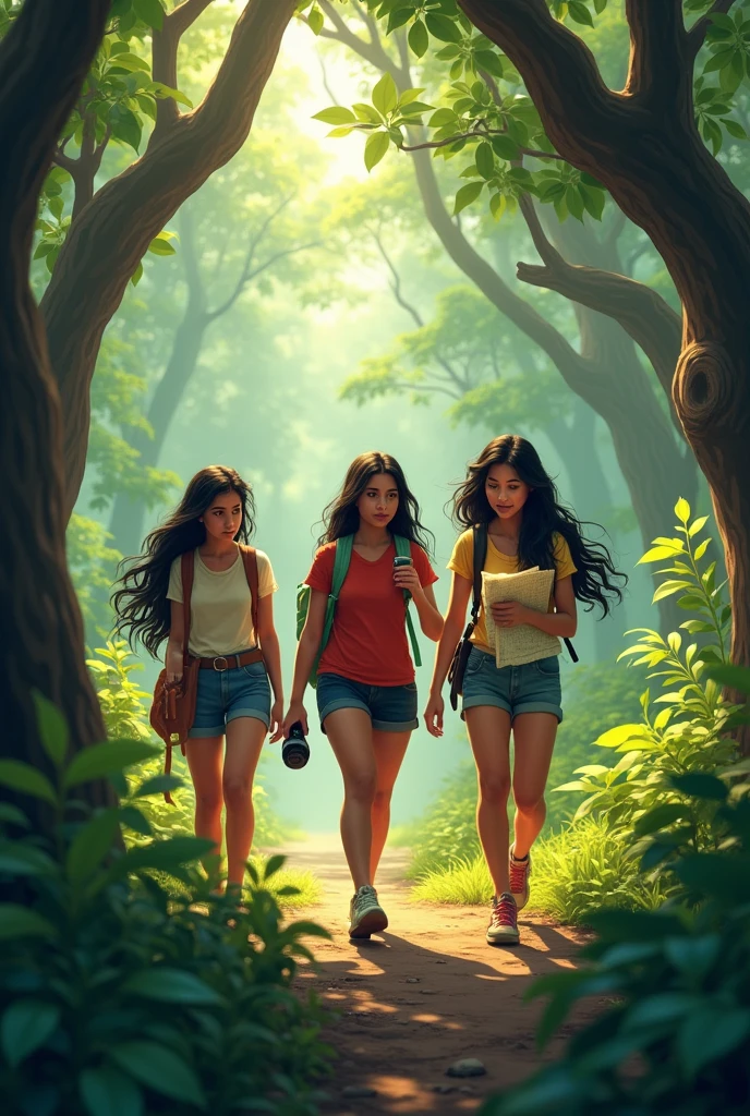 (The friends trekking through a dense forest, with sunlight filtering through the trees. Mousumi is leading the way, Priya is checking the map, and Nabanita is taking a photo with her camera. The scene captures their determination and the beauty of nature.