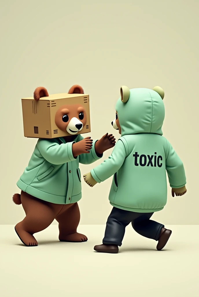 I WANT you to take a picture of a cute bear with a cardboard head that is at war with a light green jacket that says toxic and black pants