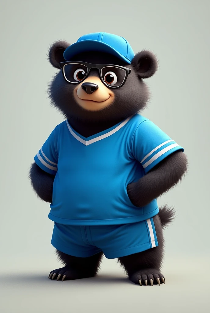 Black spectacled bear wearing a blue sports shirt and blue cap