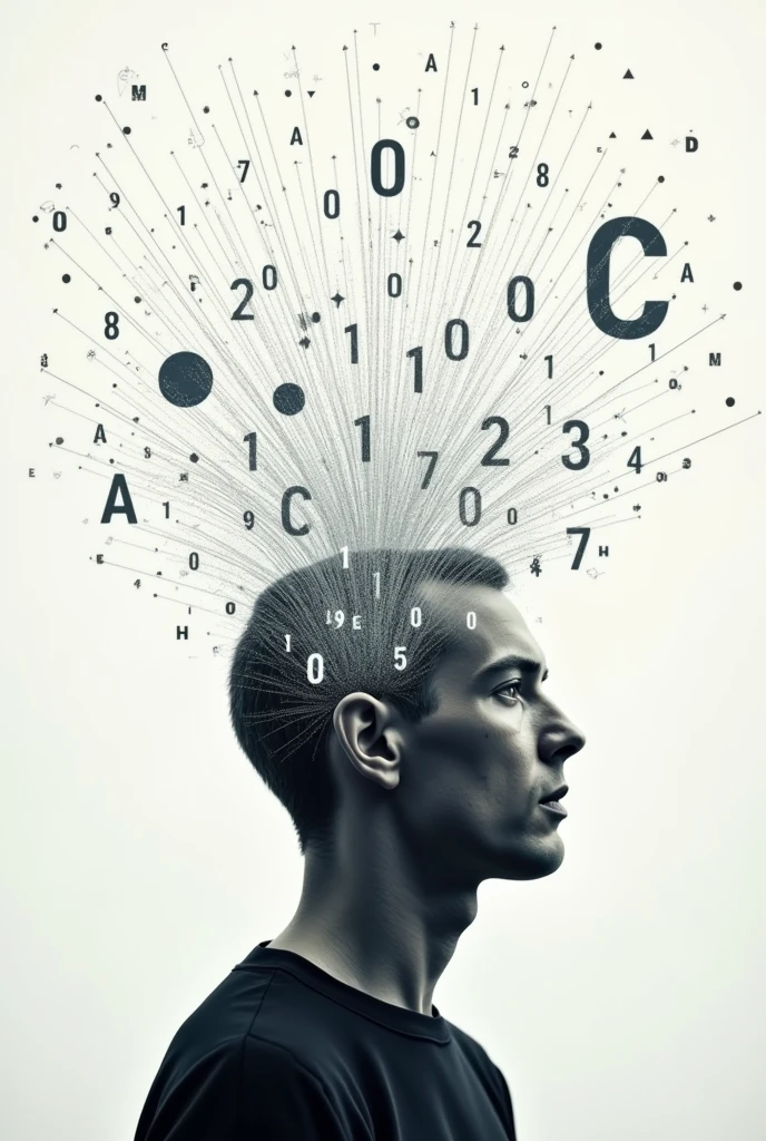 Image related to logical thinking., where I show thought, logic mathematics, The image should have numbers and letters coming out of the mind 