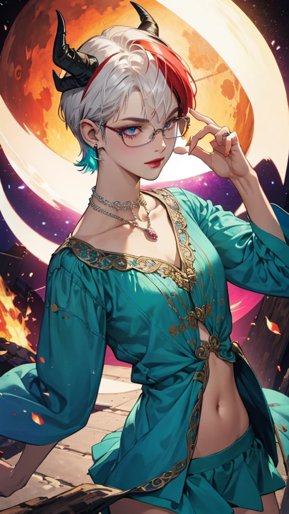 8k, masterpiece, best quality, highly detailed, 1 girl, tiefling, warlock, pixie cut, multicolored hair, very short straight hair red highlight hair on white hair, strippled hair, wearing glasses, round glasses, earrings, navel piercing, red eyeshadow, long eyelashes, blushed cheek, red lips, pearl necklace, rings, collarbone, mole on face, glamorous, teal and purple clothes, miniskirt, smirk, close up view, rings, looking at viewer, demon horns, solo, blood red moon, standing, royal dress, chains, firing fire blast