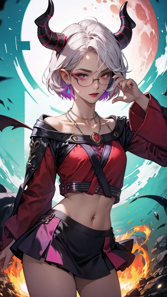 8k, masterpiece, best quality, highly detailed, 1 girl, tiefling, warlock, pixie cut, multicolored hair, very short straight hair red highlight hair on white hair, strippled hair, wearing glasses, round glasses, earrings, navel piercing, red eyeshadow, long eyelashes, blushed cheek, red lips, pearl necklace, rings, collarbone, mole on face, glamorous, teal and purple clothes, miniskirt, smirk, close up view, rings, looking at viewer, demon horns, solo, blood red moon, standing, royal dress, chains, firing fire blast