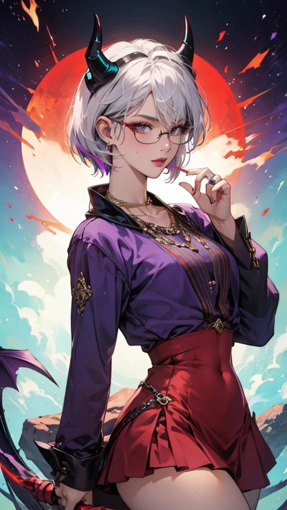 8k, masterpiece, best quality, highly detailed, 1 girl, tiefling, warlock, pixie cut, multicolored hair, very short straight hair red highlight hair on white hair, strippled hair, wearing glasses, round glasses, earrings, navel piercing, red eyeshadow, long eyelashes, blushed cheek, red lips, pearl necklace, rings, collarbone, mole on face, glamorous, teal and purple clothes, miniskirt, smirk, close up view, rings, looking at viewer, demon horns, solo, blood red moon, standing, royal dress, chains, firing fire blast