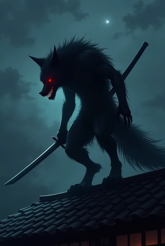The crazy wolf in human shape attempt to kill people in the middle of the night standing bravely on the roof of the Japanese house with the samurai sword