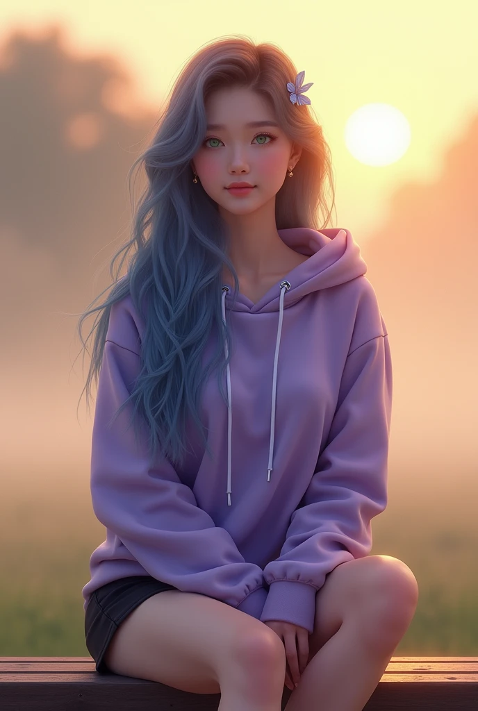 A beautiful 20-year-old woman with an athletic figure and medium round breasts sits on a bench at dawn. Her long, flowing azure blue hair is in loose waves, adorned with a blue hair clip. Her hair has a gradient from deep blue to light blue. She has green eyes and detailed facial features, including a friendly smile. The setting includes soft morning sunlight and light fog. She is wearing a purple hoodie and black shorts. The image is ultra high-definition (4k or 8k) with extreme detail.