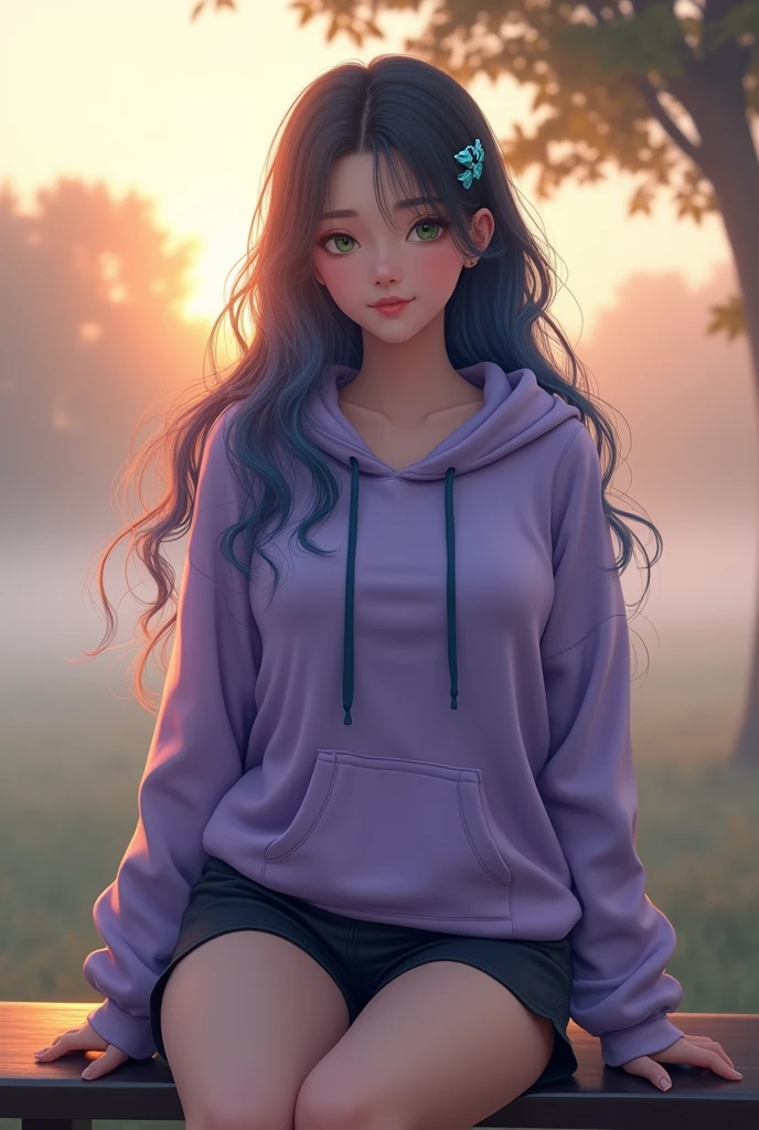 A beautiful 20-year-old woman with an athletic figure and medium round breasts sits on a bench at dawn. Her long, flowing azure blue hair is in loose waves, adorned with a blue hair clip. Her hair has a gradient from deep blue to light blue. She has green eyes and detailed facial features, including a friendly smile. The setting includes soft morning sunlight and light fog. She is wearing a purple hoodie and black shorts. The image is ultra high-definition (4k or 8k) with extreme detail.