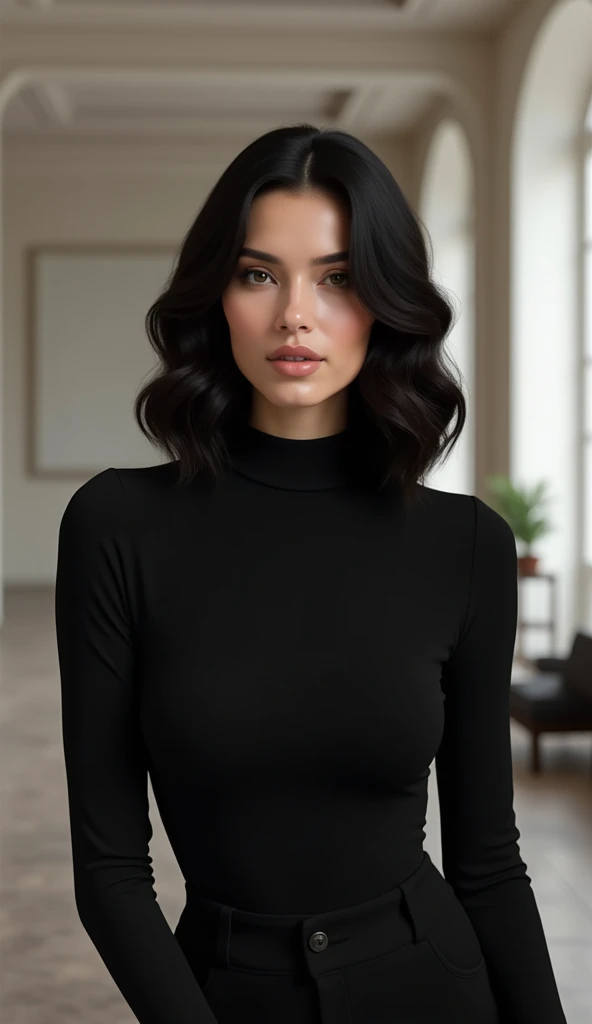A woman wearing a black formal top with a wavy and long black hair