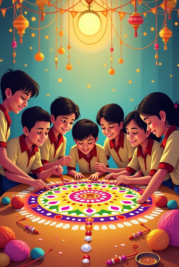 Create A poster on Rakhi and dotted rangoli making competition(group of higher secondary boys and girls in uniform)