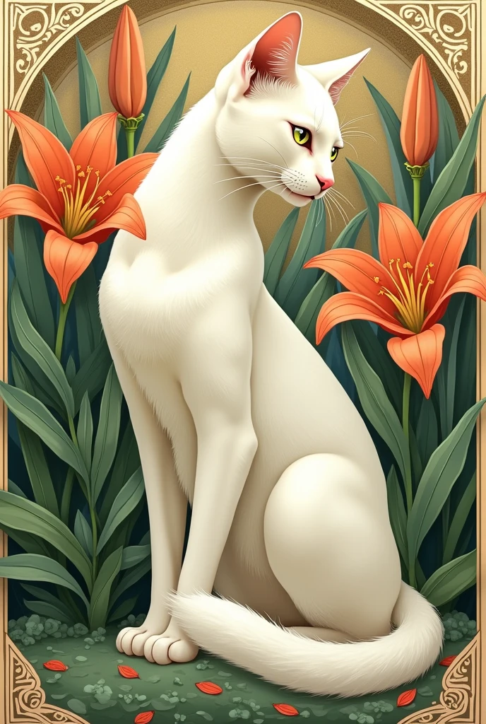 art nouveau cat white original with lilies 
