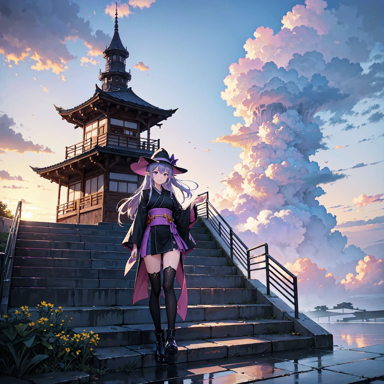 A girl with long purplish hair. A kind, full smile. Pointy elf ears. Her clothes are simple: a black robe with wide sleeves and a black miniskirt. Her knees are showing. There is a V-shaped white insert in the front, like a kimono. A witch's hat with purple ribbons on each side. Black boots. Background, bright painting, Makoto Shinkai, only endless stairs, long floating stairs, floating stairs in the air, stairs above clouds, illustration, nostalgic, vivid, above clouds, bright, fresh, sunset. A maze of connected stairs. Staircase labyrinth. Not touching land. A simple iron staircase. An old, decaying staircase.