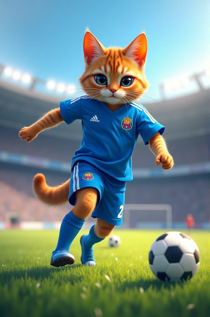 Footballer cat with blue shirt