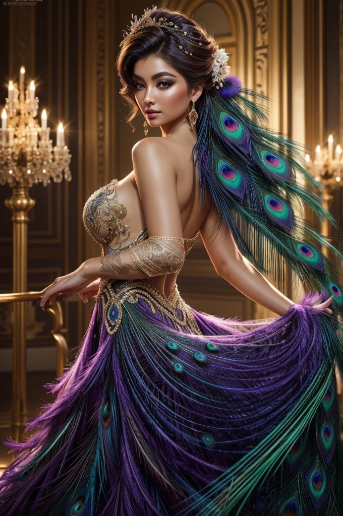 Highly detailed photorealistic of beautiful Caucasian Korean Gorgeous female, graceful walking, attractive graceful dancing movement, wearing a greenish purple peacock feathers gown, intricate embroidery peacock feathers, high-quality, detailed gigantic breasted, realistic, elegant, vibrant colors, glamorous lighting, detailed facial features, professional makeup, luxurious, exotic, peacock feathers, elegant hairstyle, stunning makeup, beauty shot, ethereal, glowing, mystical, enchanting, mysterious, luxury room setting, vibrant colors, atmospheric lighting, bokeh, backlite