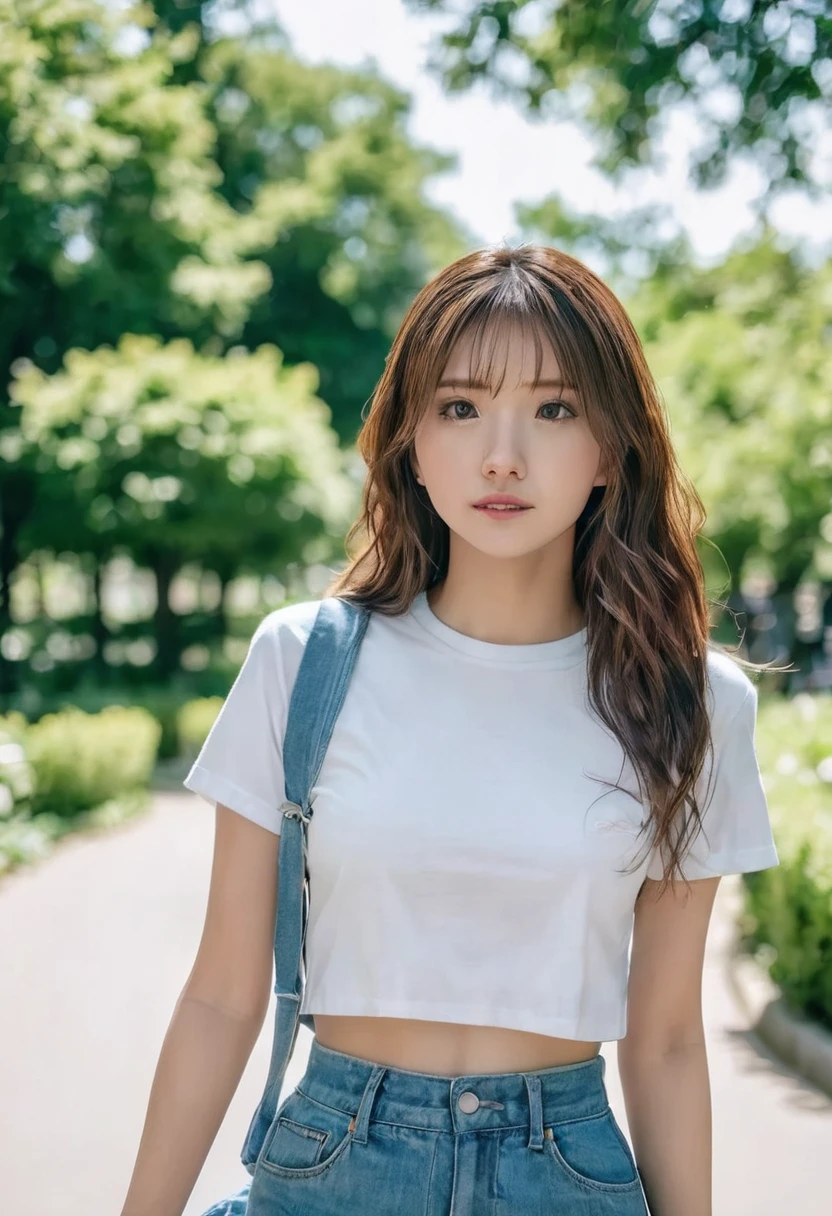 MIKI,ultra realistic, Candid Shot, Medium shot,Sony Alpha a7 III taken Photography,19yo girl, walking through a summer park. glamorous,Fitted round-neck t-shirt and denim miniskirt, Super detailed and rough skin, detailed face, detailed hair, playful expression. The background is filled with trees, captured in sharp detail.