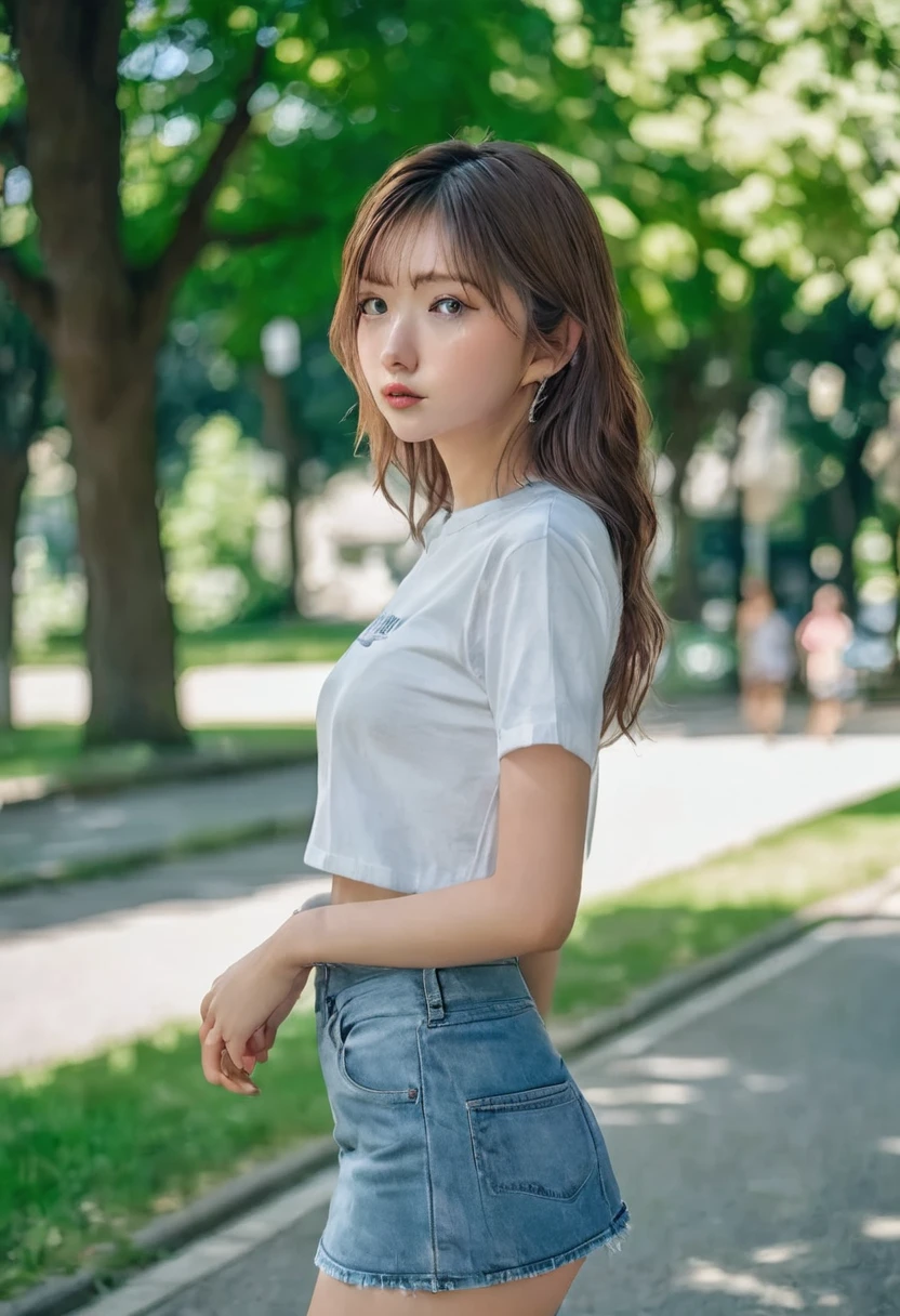 MIKI,ultra realistic, Candid Shot, Medium shot,Sony Alpha a7 III taken Photography,19yo girl, walking through a summer park. glamorous,Fitted round-neck t-shirt and denim miniskirt, Super detailed and rough skin, detailed face, detailed hair, playful expression. The background is filled with trees, captured in sharp detail.