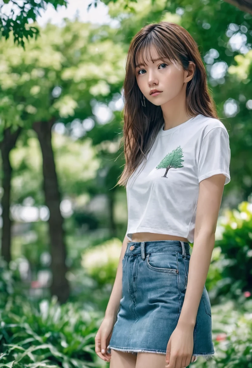 MIKI,ultra realistic, Candid Shot, Medium shot,Sony Alpha a7 III taken Photography,19yo girl, walking through a summer park. glamorous,Fitted round-neck t-shirt and denim miniskirt, Super detailed and rough skin, detailed face, detailed hair, playful expression. The background is filled with trees, captured in sharp detail.