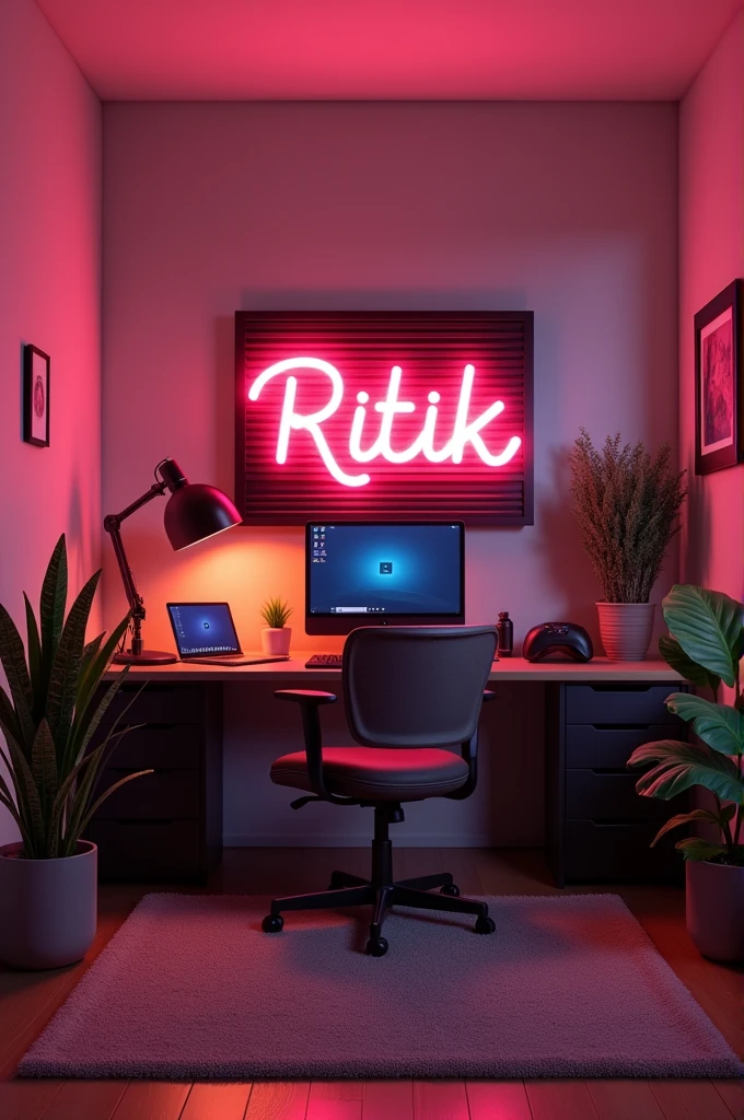 Create an image of a youtube studio room with subtle neon board with statement in bold "Ritik Make sure that none of the letters in the text is misspelled