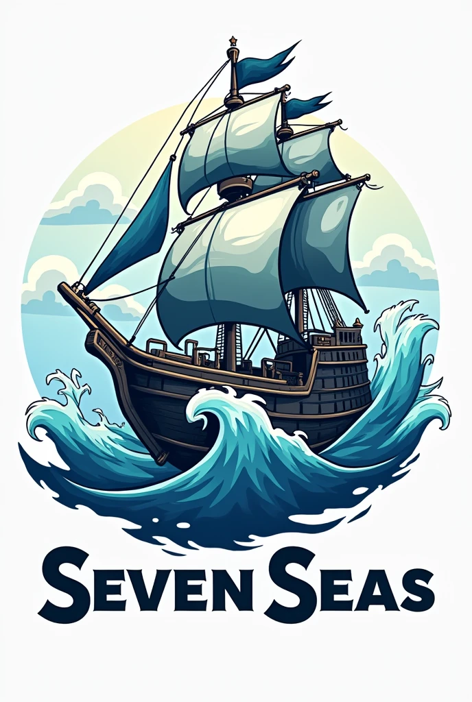 Create a logo for a crew called Seven Seas in cartoon form that is not cute and does not contain faces; without the number seven. That way but the name Seven Seas at the bottom.