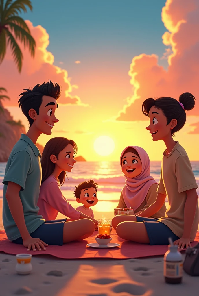 I want to make a poster like disney pixar. Make it without any typography. The characters in the poster consist of 2 men with short hair, 1 man with Korean style hair, 1 woman with long hair and 2 women wearing hijab. Make them having fun on the beach by setting up a tent and enjoying the sunset. 