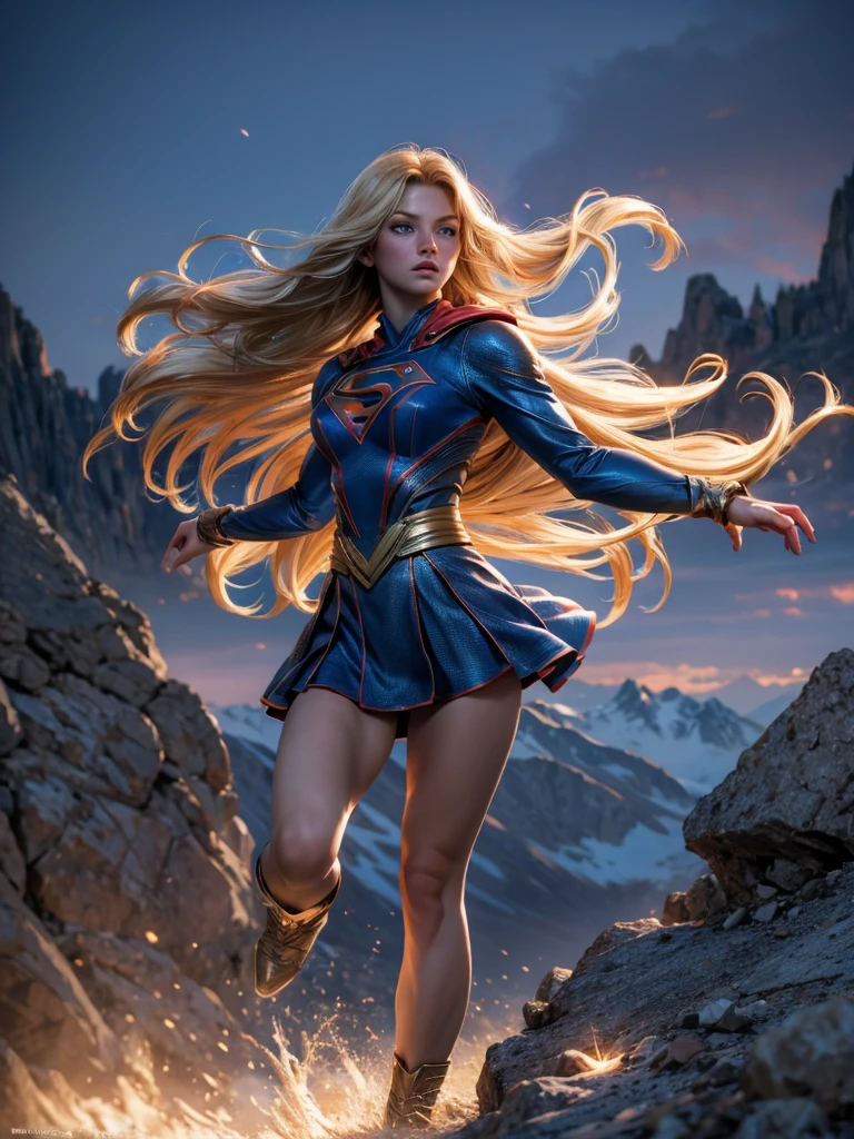 a beautiful blonde girl with detailed blue eyes and long hair, running at a mountain, wearing supergirl's clothes, a beautiful brunette woman, photorealistic portrait, realistic, high quality, 8k, best quality, hyper detailed, ultra-detailed, masterpiece, cinematic lighting, dramatic lighting, glowing skin, soft lighting, warm color palette, chiaroscuro, intricate details, delicate features