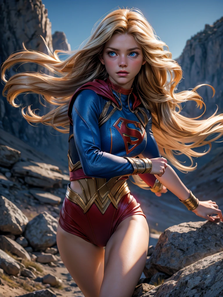 a beautiful blonde girl with detailed blue eyes and long hair, running at a mountain, wearing supergirl's clothes, a beautiful brunette woman, photorealistic portrait, realistic, high quality, 8k, best quality, hyper detailed, ultra-detailed, masterpiece, cinematic lighting, dramatic lighting, glowing skin, soft lighting, warm color palette, chiaroscuro, intricate details, delicate features