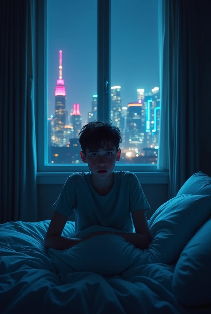 "A dimly lit room at night with a teenage boy sitting up in bed, his face sweaty and breathing heavily after a nightmare. The futuristic city skyline is visible through the window, glowing with neon lights. The atmosphere is tense and uneasy, reflecting his fear."