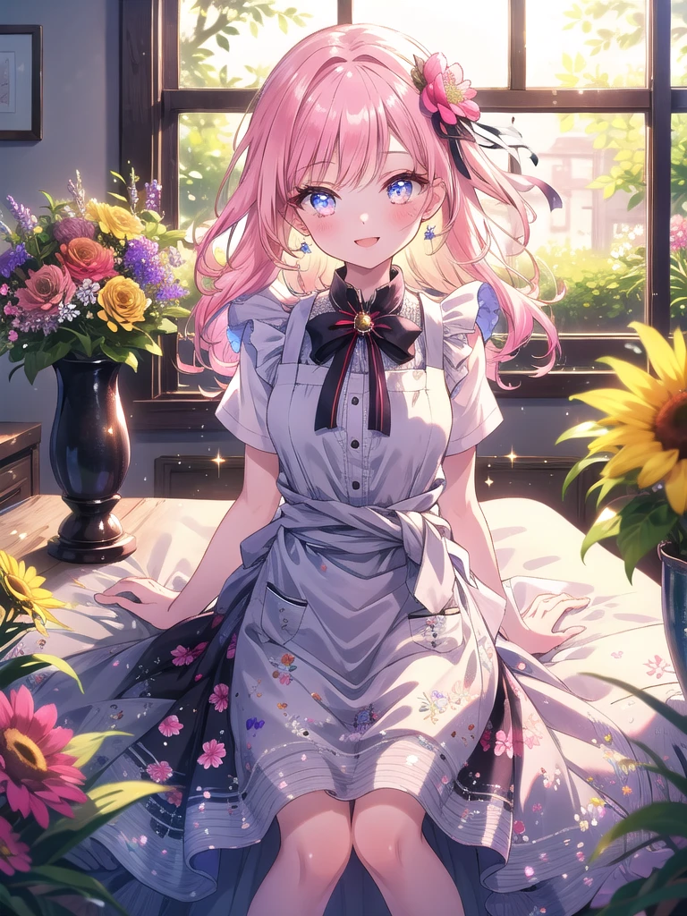 ((8k, Highest quality, masterpiece: 1.3)),Ultra-high resolution,(1 girl, alone), (Color changing eyes, Ultra-detailed, Expressive brilliance, Glitter, Glowing Eyes), Highly detailed eyes, Highly detailed face, Random Hair, ((pastel colour)),A cheerful young woman with pastel pink hair styled into loose waves, sitting on the floor of her brightly lit bedroom during a sunny morning. She is dressed in a cute yet subtly sexy flower shop assistant cosplay, wearing a simple sundress with a floral print and an apron tied around her waist. The camera captures her from a slightly elevated angle as she smiles warmly while arranging a bouquet of flowers, her expression full of care and creativity. The room is bathed in natural sunlight, with vases of fresh flowers on a nearby table, a few gardening tools scattered around, and a fragrant, blooming atmosphere.