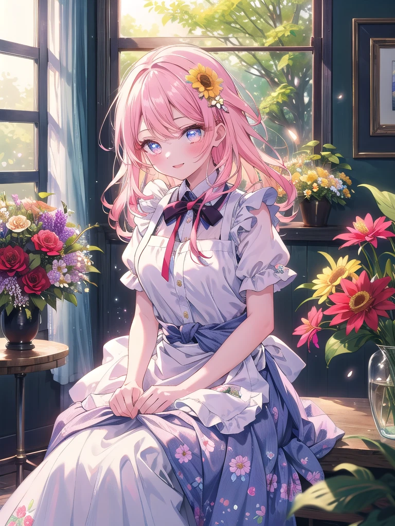 ((8k, Highest quality, masterpiece: 1.3)),Ultra-high resolution,(1 girl, alone), (Color changing eyes, Ultra-detailed, Expressive brilliance, Glitter, Glowing Eyes), Highly detailed eyes, Highly detailed face, Random Hair, ((pastel colour)),A cheerful young woman with pastel pink hair styled into loose waves, sitting on the floor of her brightly lit bedroom during a sunny morning. She is dressed in a cute yet subtly sexy flower shop assistant cosplay, wearing a simple sundress with a floral print and an apron tied around her waist. The camera captures her from a slightly elevated angle as she smiles warmly while arranging a bouquet of flowers, her expression full of care and creativity. The room is bathed in natural sunlight, with vases of fresh flowers on a nearby table, a few gardening tools scattered around, and a fragrant, blooming atmosphere.
