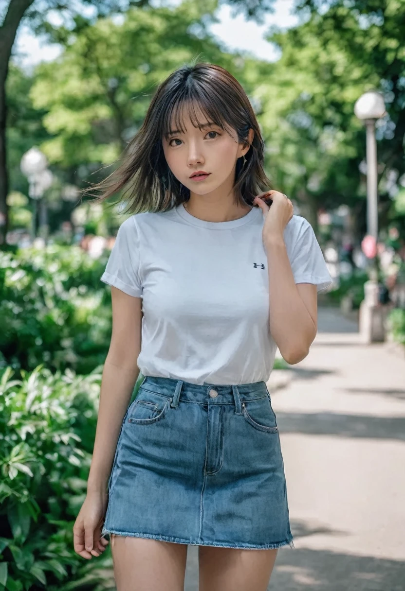 MIKI,ultra realistic, Candid Shot, Medium shot,Sony Alpha a7 III taken Photography,19yo girl, walking through a summer park. glamorous,Fitted round-neck t-shirt and denim miniskirt, Super detailed and rough skin, detailed face, detailed hair, playful expression. The background is filled with trees, captured in sharp detail.