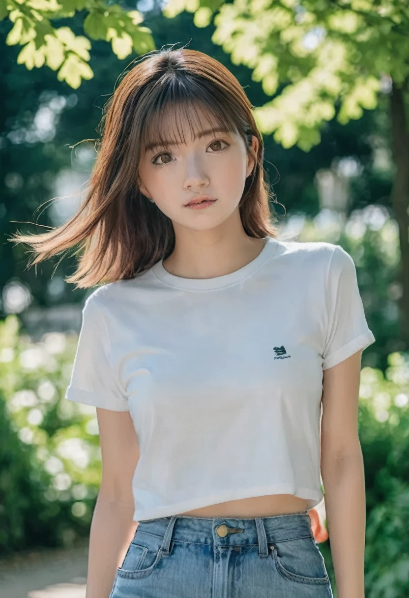 MIKI,ultra realistic, Candid Shot, Medium shot,Sony Alpha a7 III taken Photography,19yo girl, walking through a summer park. glamorous,Fitted round-neck t-shirt and denim miniskirt, Super detailed and rough skin, detailed face, detailed hair, playful expression. The background is filled with trees, captured in sharp detail.