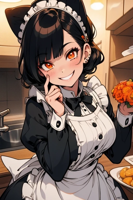 Perfect face Perfect hands. A black haired woman with orange eyes in a Lolita maid uniform is smiling on the counter in a fancy kitchen. with a big smile