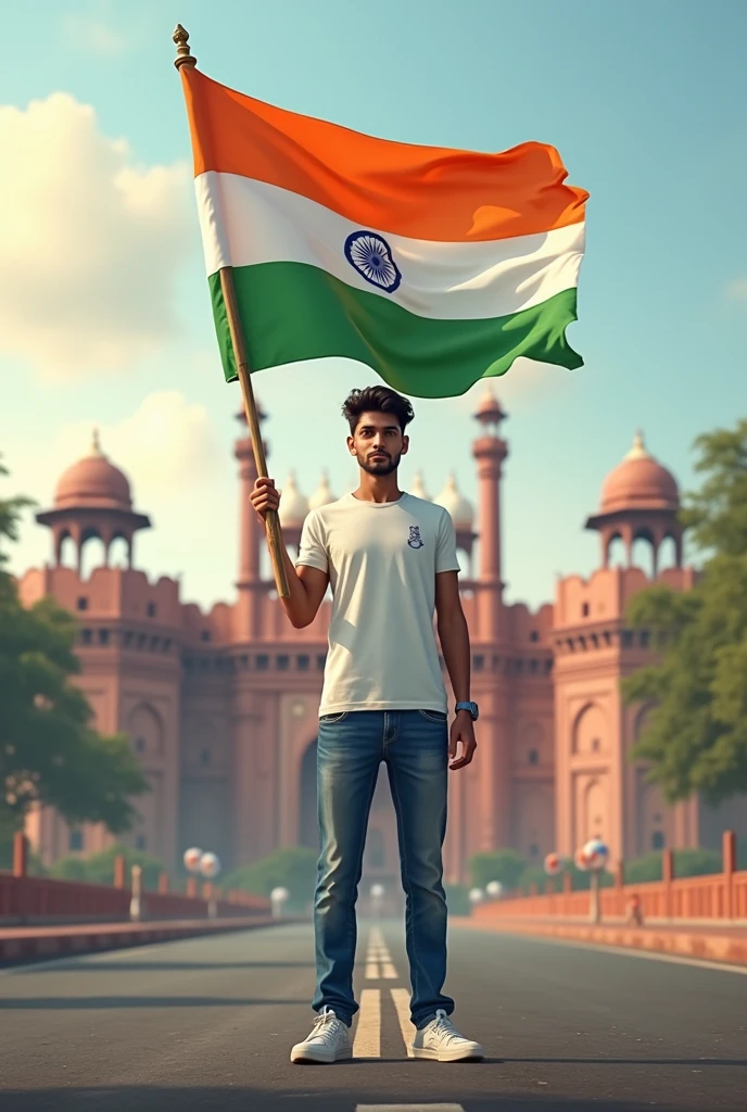 Generate a Realistic 19 years old boy, Wearing White T shirt blue jeans sneakers and the name "Gopesh sharma " is written on his t-shirt and the boy is standing on the road with holding a national flag of India, and behind him is the Red Fort Delhi. And written on sky "Independence Day" Create Realistic

image high quality