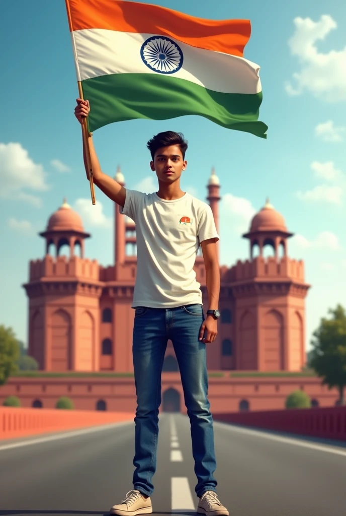 Generate a Realistic 19 years old boy, Wearing White T shirt blue jeans sneakers and the name "Gopesh sharma " is written on his t-shirt and the boy is standing on the road with holding a national flag of India, and behind him is the Red Fort Delhi. And written on sky "Independence Day" Create Realistic
image high quality