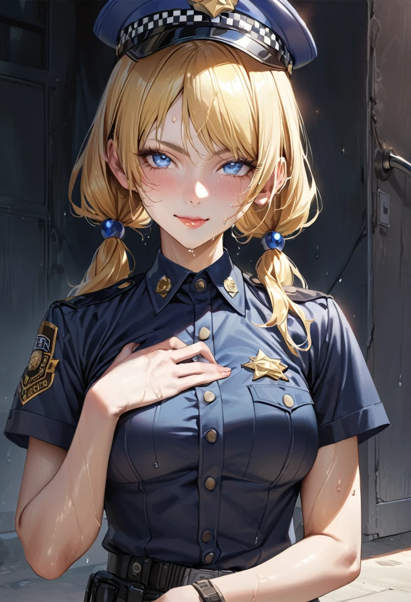 masterpiece、Realistic、police、policeの制服、Have、Cosplay、Short sleeve、Focus on the chest 、Shadow on face、Sweat、Glowing Skin、Twin tails、Wet lips、Estrus、Cover your chest、Confident expression、smile、Meguru Hachimiya、Blonde、blue eyes