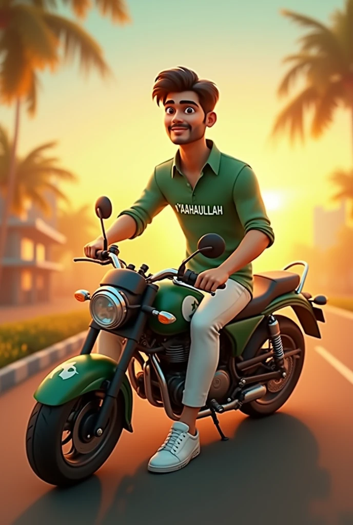 35mm film photography, Create a 3D illustration of an animated male character sitting on a motorcycle  matching the color and design of Pakistan Independence Day and wearing a green shirt with name YASHAULLAH  The character must wear casual modern clothing such as white 
pent and sneakers shoes. The background of the image is a independence day of Pakistan, high detail, gold glow bright green color palette, golden hour glow