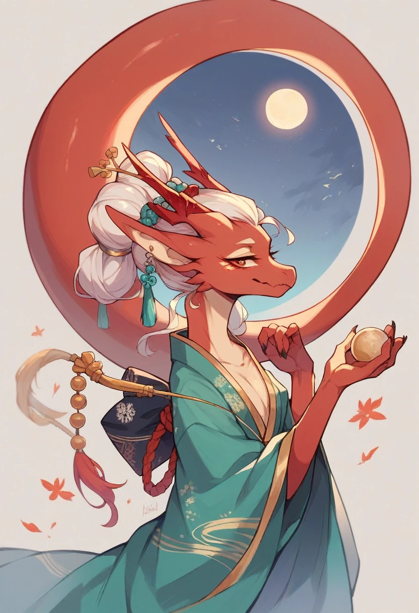 Sexy girl with oriental features and small bust resting with a red dragon on a full moon night