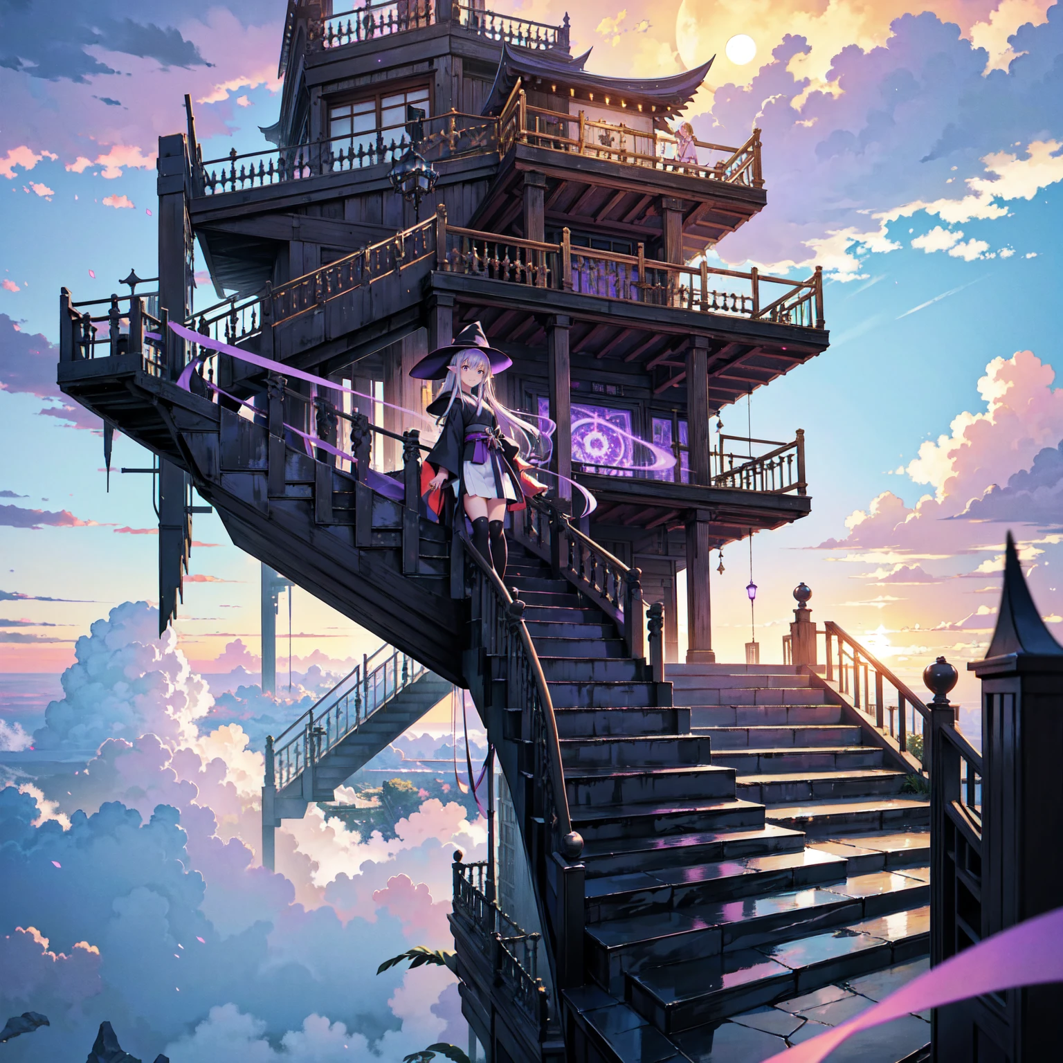 A girl with long purplish hair. A kind, full smile. Pointy elf ears. Her clothes are simple: a black robe with wide sleeves and a black miniskirt. Her knees are showing. There is a V-shaped white insert in the front, like a kimono. A witch's hat with purple ribbons on each side. Black boots. Background, bright painting, Makoto Shinkai, only endless stairs, long floating stairs, floating stairs in the air, stairs above clouds, illustration, nostalgic, vivid, above clouds, bright, fresh, sunset. A maze of connected stairs. Staircase labyrinth. Not touching land. A simple iron staircase. An old, decaying staircase.