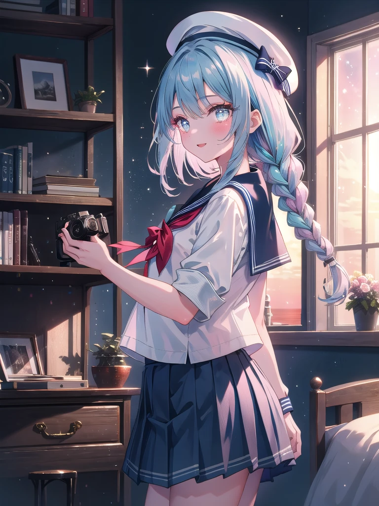 ((8k, Highest quality, masterpiece: 1.3)),Ultra-high resolution,(1 girl, alone), (Color changing eyes, Ultra-detailed, Expressive brilliance, Glitter, Glowing Eyes), Highly detailed eyes, Highly detailed face, Random Hair, ((pastel colour)),A lively young woman with pastel blue hair styled into twin braids, standing by her closet in her softly lit bedroom during a late afternoon. She is dressed in a modest yet subtly sexy sailor-themed cosplay, wearing a pleated navy-blue skirt, a fitted white blouse with a sailor collar, and a small sailor hat. The camera captures her from a side angle as she adjusts the hat with a bright smile, her expression full of enthusiasm and adventure. The room is warmly lit by the setting sun, with a small model ship on a shelf, a map of the world on the wall, and a nautical, exploratory atmosphere.


