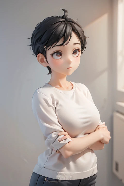 30-year-old woman、Mother,Married women,,Black Hair,Shortcuts、Short Hair、Casual wear、Calm appearance、sweater、shirt、ポロshirt、Clothing Pattern、Clothing design、whole body、
