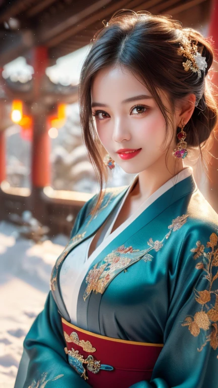 (1 girl, youthful gorgeous Lady, brown_eyes, brown_hair, cross_earrings, earrings, jewellery, Ancient China, Traditional Hanfu, Silk Hanfu, Hanfu, natural pose in a snowy night,
Detailed Beautiful face, Detailed Facial Features, beautiful eyes, dimples, snaggle-tooth, Kind smile, Red lips, short hair, bob hair, cute ponytail, extremely detailed eyes, extremely detailed face, beautiful detailed lips, long eyelashes, arms close together, ears out, golden ratio face, golden ratio body, perfect body anatomy, huge breasts, big breasts,
(SNOW:1.3),
Night outdoors, snow flakes, snow, winter,
(best quality, 4K, 8k, highres, masterpiece:1.2), ultra-detailed, (realistic, photorealistic, photo-realistic:1.37), HDR, UHD, sun light, ultra-fine painting, sharp focus, physically-based rendering, extreme detail description, professional, Vivid Colours, award-winning, Bokeh_Background, cowboy_shot, SFW, Safe for Work)