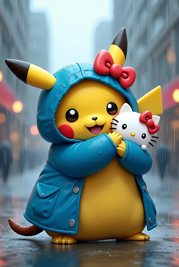 Fat Pikachu and big hello kitty dress blue rain suit hug